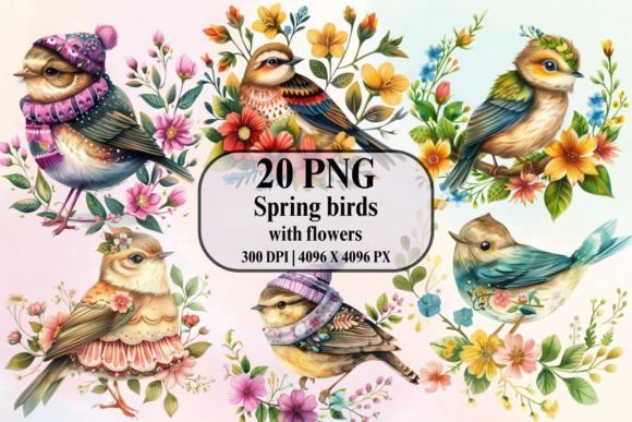 Download Cute Spring Birds with Flowers - Cute Collection