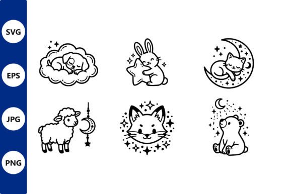 Download Six Cute Sleeping Animal Line Art Vector - Cute Collection