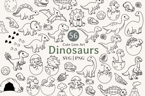 Download Cute Dinosaur Line Art Clipart Bundle - Cute Collection