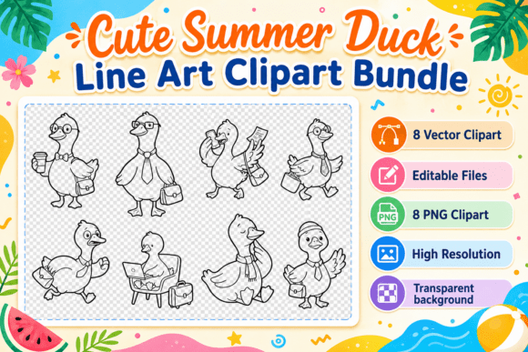 Download Cute Summer Duck Line Art Clipart Bundle - Cute Collection